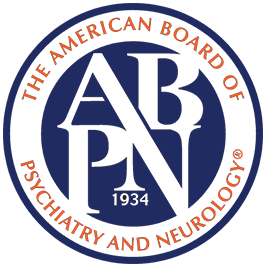The image features a circular logo with text and graphics, including an emblem resembling a shield with a letter  A  inside, surrounding by a ring of text that reads  AMERICAN BOARD OF PSYCHIATRY AND NEUROLOGY  in capital letters.