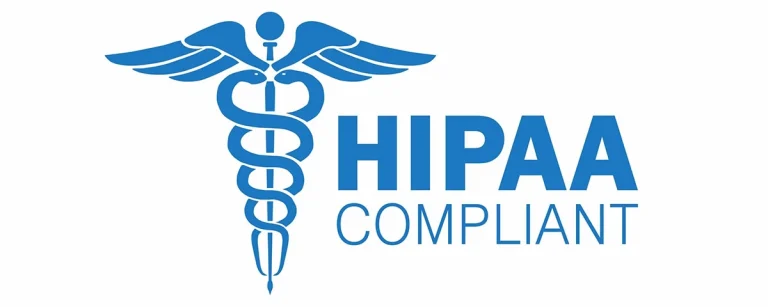 The image features a logo with the text  HIPAA COMPLIANT  next to a stylized blue shield with a white cross, symbolizing healthcare, set against a grey background.